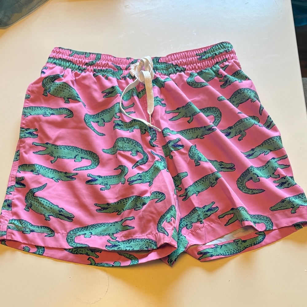 chubbies Pink Swim Trunks with Green Alligator Trim